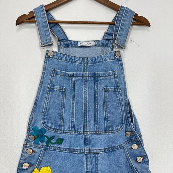 Misslook Floral Painted Denim Bib Overalls Festival Quirky Women's Size Small - Picture 8 of 12